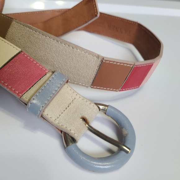 Tanner Beautiful Colorblock Genuine Leather Belt Womens Large Suede Patch ITALY‎